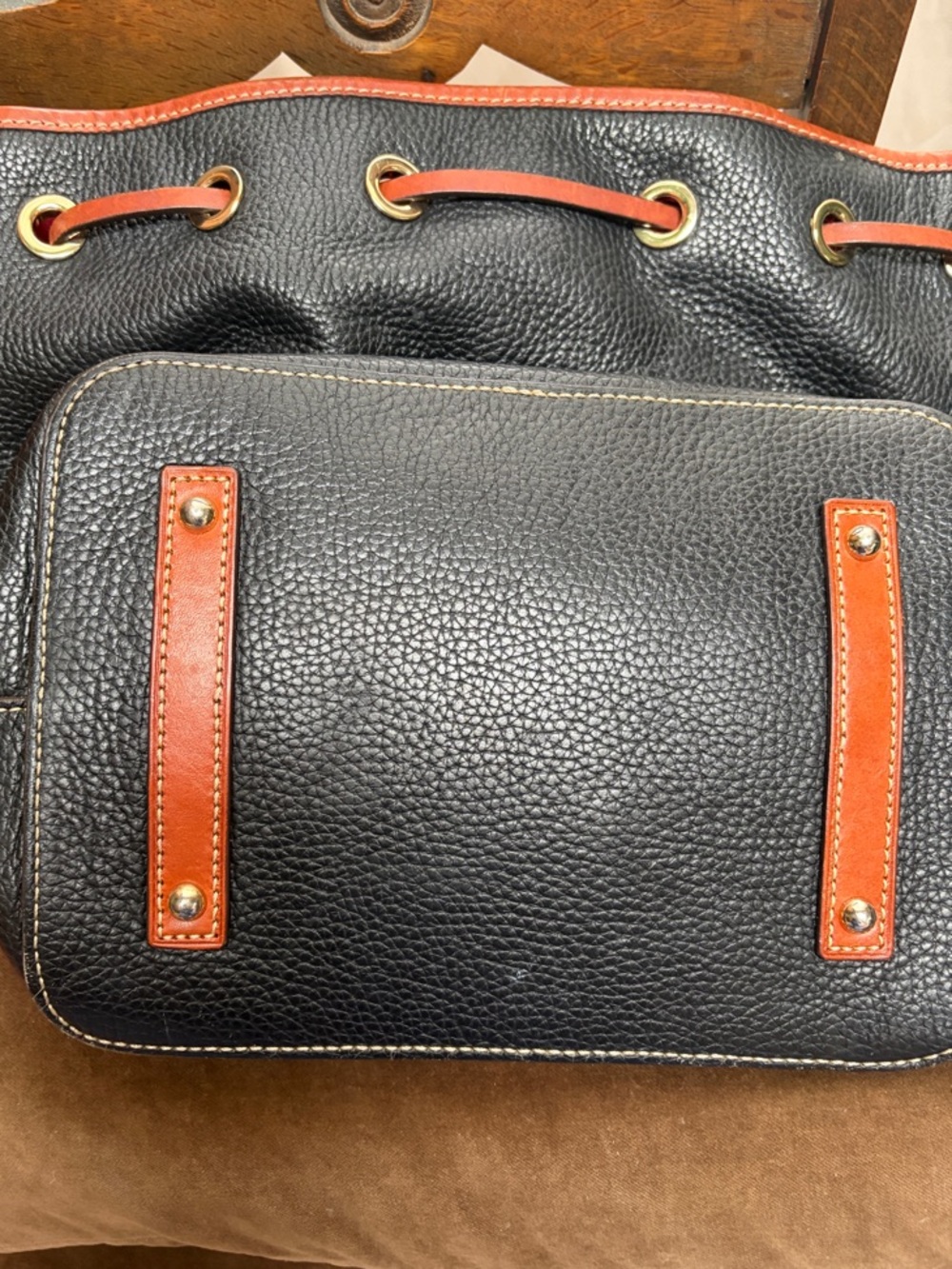 Dooney & Bourke Black Pebbled Leather Tote with Brown leather Trim and Tassel - Picture 13 of 16